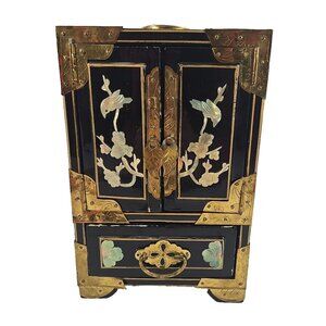 Vintage Asian Lacquer Jewelry Box Chest Brass Mother-of-Pearl Birds Flowers